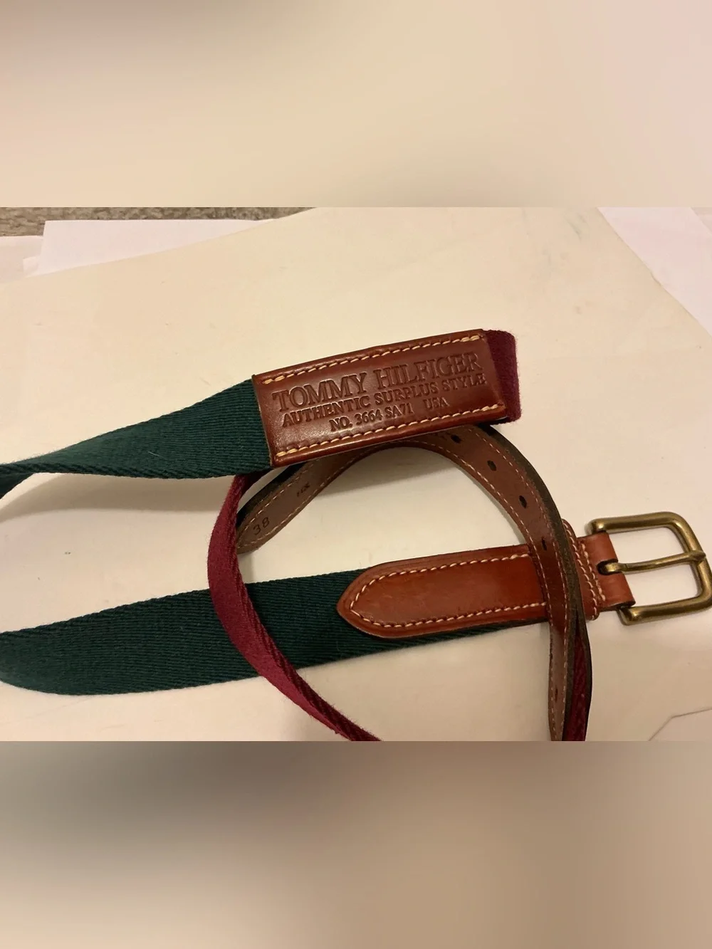 Tommy Hilfiger Green and Burgundy Canvas Belt with Brown Leather Trim sz 38
